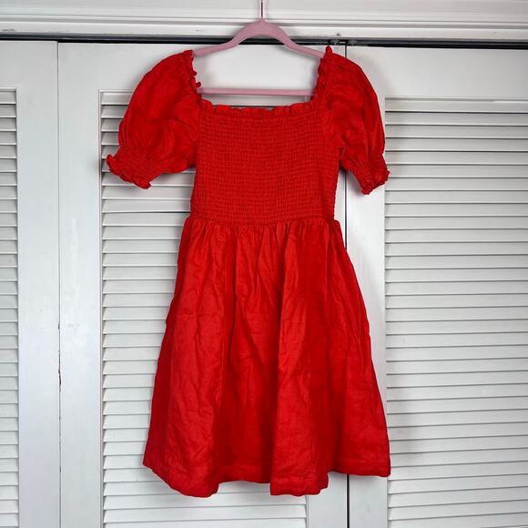 Boden Smocked Bodice Puff Sleeve Linen Mini Dress Bright Papaya US 8 - Picture 6 of 8